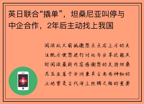 英日联合“撬单”，坦桑尼亚叫停与中企合作，2年后主动找上我国